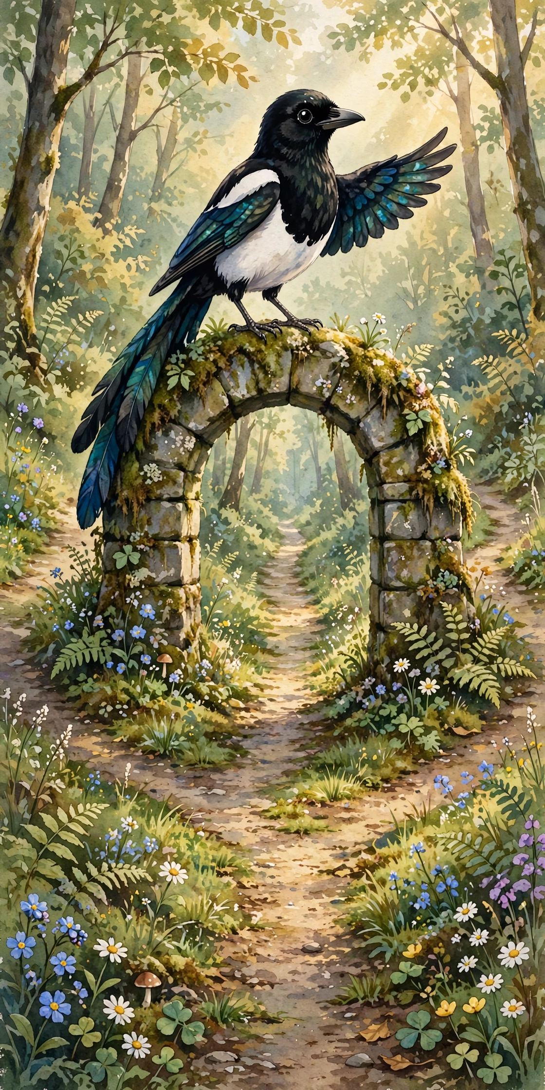 Tilda the magpie perched on a mossy stone archway where the paths meet