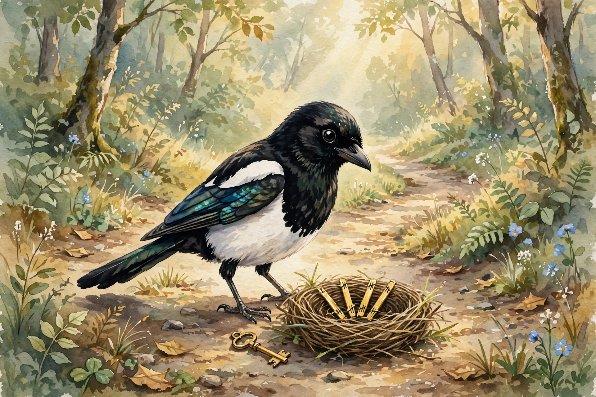 Tilda standing by her nest on a forest path, a brass key on the ground