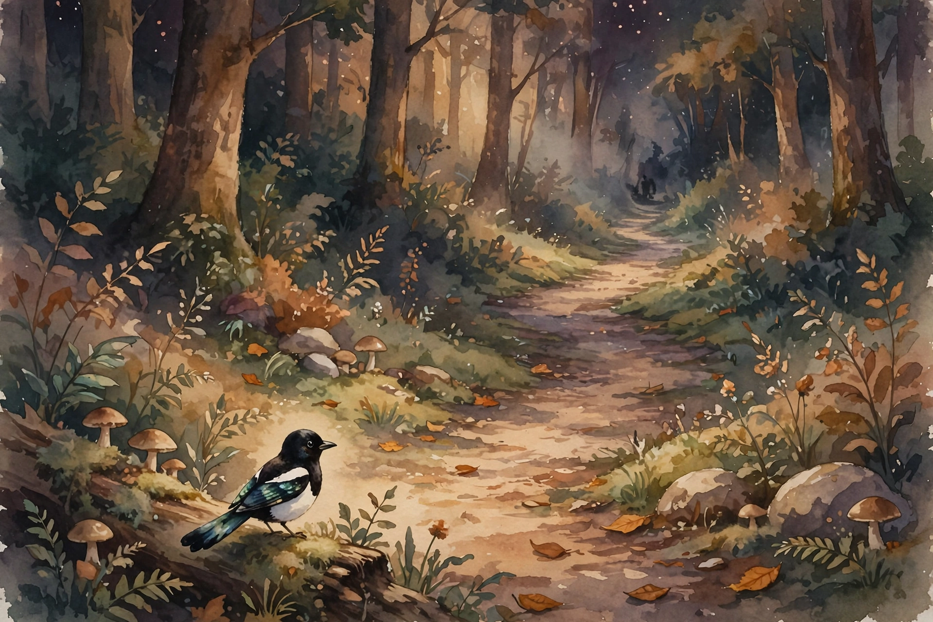 A dark forest path at dusk, where Nox the owl walks